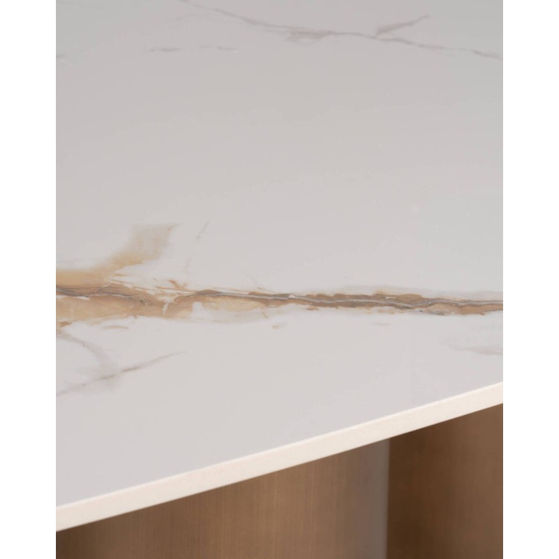 MESA ALINA OVALADA CERÁMICA CON PATAS CILÍNDRICAS EN BRONCE CEPILLADO 220x110x76cm