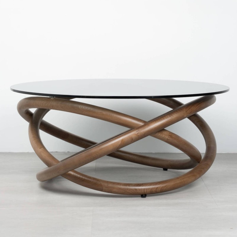 Mesa de centro órbita en cristal ahumado y madera de fresno nogal 90x41cm
