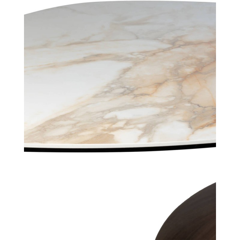 MESA DE COMEDOR OVALADA KAURA DE CERÁMICA BLANCA Y BASE DE MADERA NOGAL