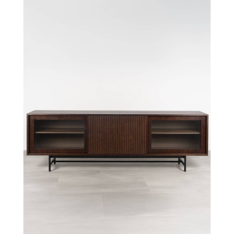 Aparador Nexo en nogal oscuro con puertas de cristal estriado 210x40x70 cm