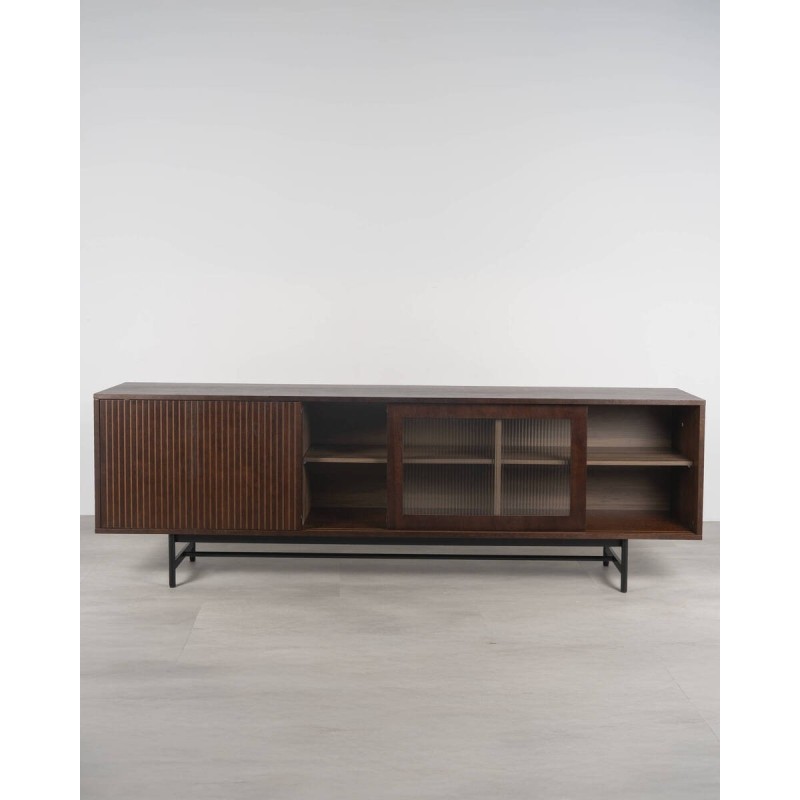 Aparador Nexo en nogal oscuro con puertas de cristal estriado 210x40x70 cm