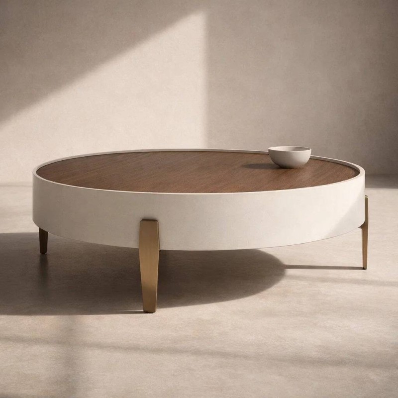 Mesa de centro redonda auren de chapa de nogal y patas de acero latón ø92 cm