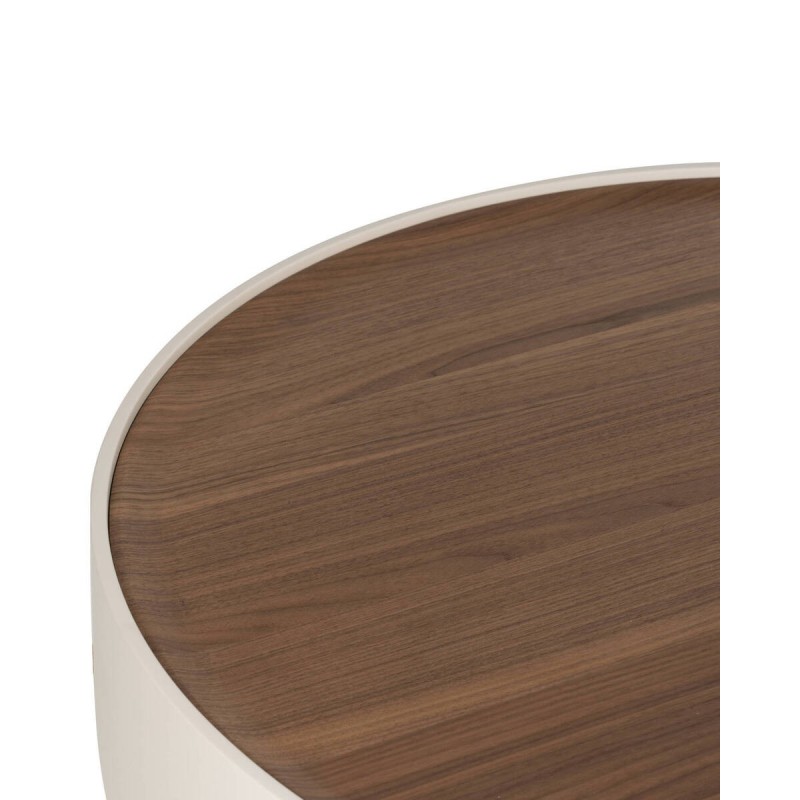 Mesa de centro redonda Auren de chapa de nogal y patas de acero latón Ø92 cm