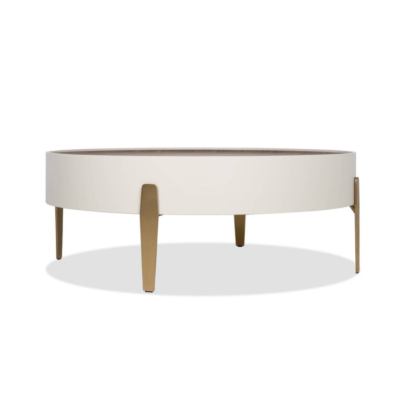 Mesa de centro redonda Auren de chapa de nogal y patas de acero latón Ø92 cm