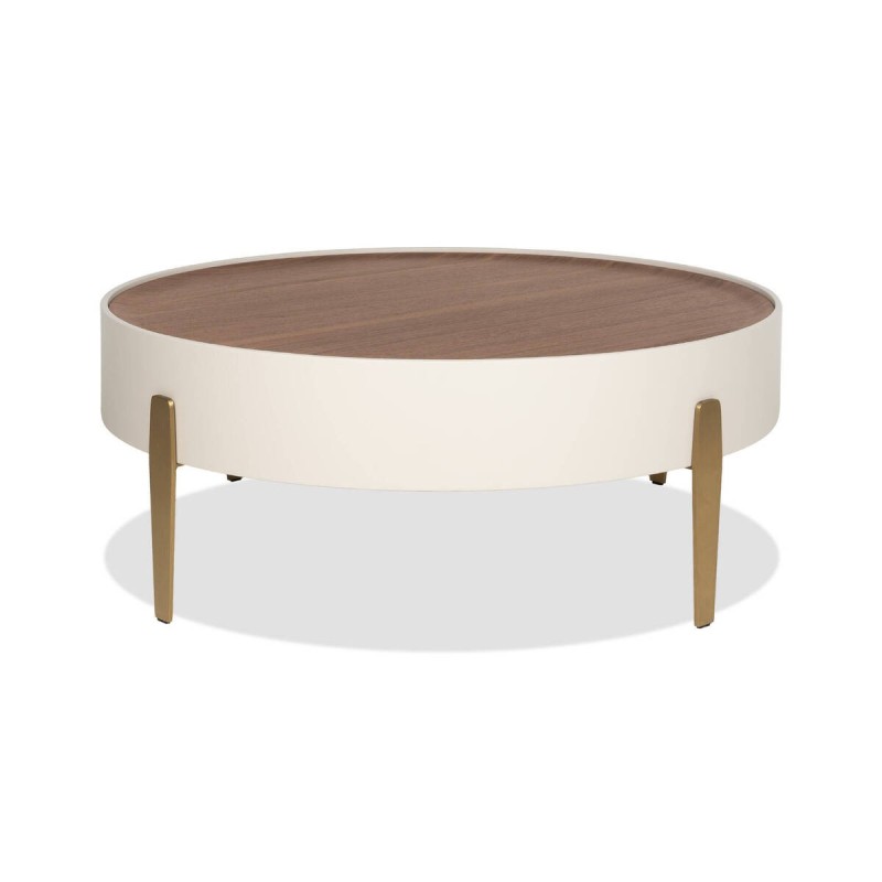 Mesa de centro redonda Auren de chapa de nogal y patas de acero latón Ø92 cm