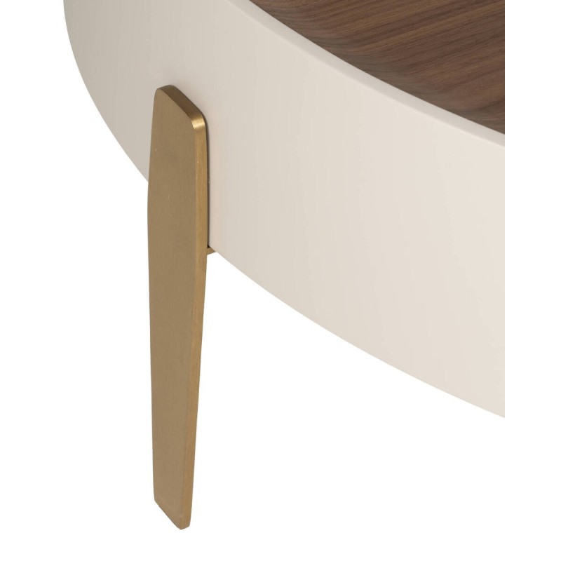 Mesa de centro redonda Auren de chapa de nogal y patas de acero latón Ø92 cm