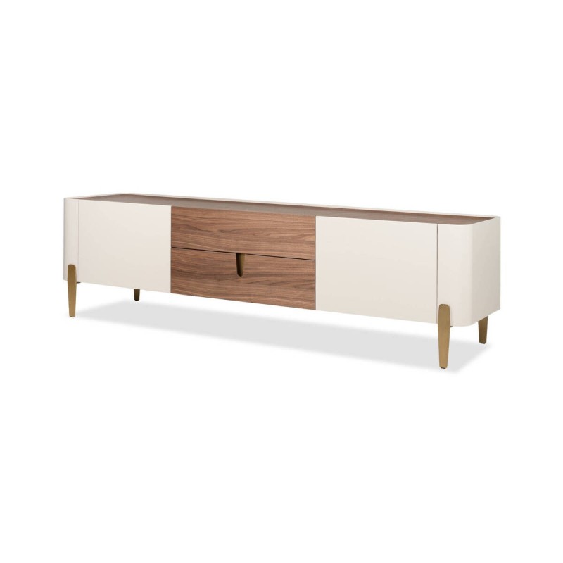 Mueble tv auren en nogal y beige mate con patas de latón cepillado 200x45cm
