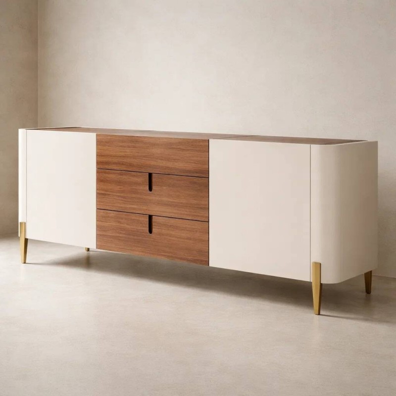 Aparador auren en nogal y beige mate con patas de latón cepillado