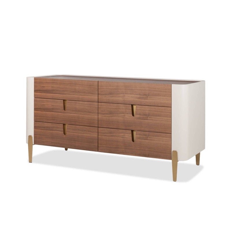 CÓMODA AUREN DE 6 CAJONES EN NOGAL Y BEIGE MATE CON PATAS DORADAS