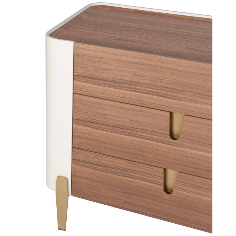 CÓMODA AUREN DE 6 CAJONES EN NOGAL Y BEIGE MATE CON PATAS DORADAS