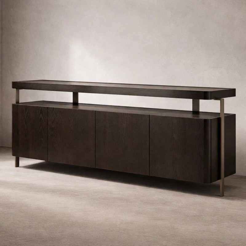 APARADOR BRUMA CON TAPA DE CRISTAL AHUMADO Y ESTRUCTURA EN CHAPA DE FRESNO NEGRO