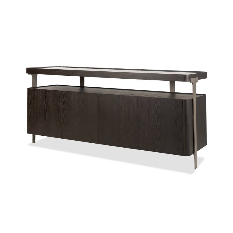 APARADOR BRUMA CON TAPA DE CRISTAL AHUMADO Y ESTRUCTURA EN CHAPA DE FRESNO NEGRO