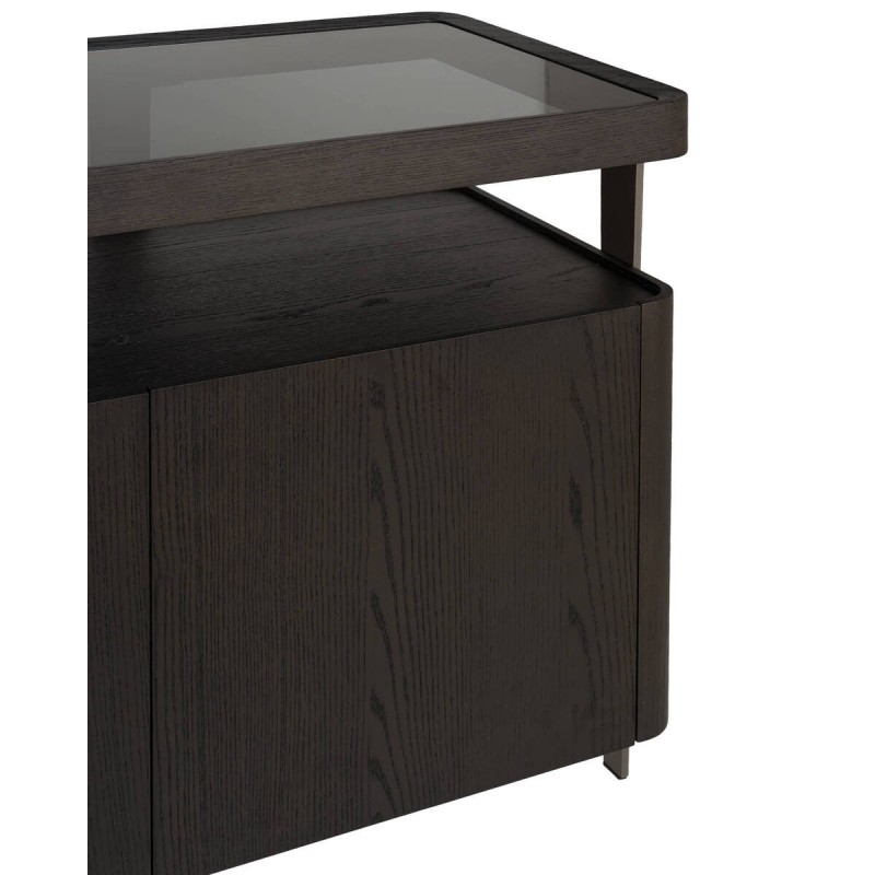 APARADOR BRUMA CON TAPA DE CRISTAL AHUMADO Y ESTRUCTURA EN CHAPA DE FRESNO NEGRO