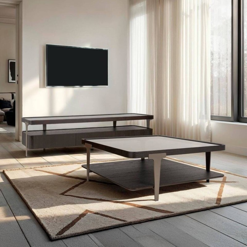 Mesa de centro bruma negra con tapa de cristal ahumado y estante en chapa de fresno