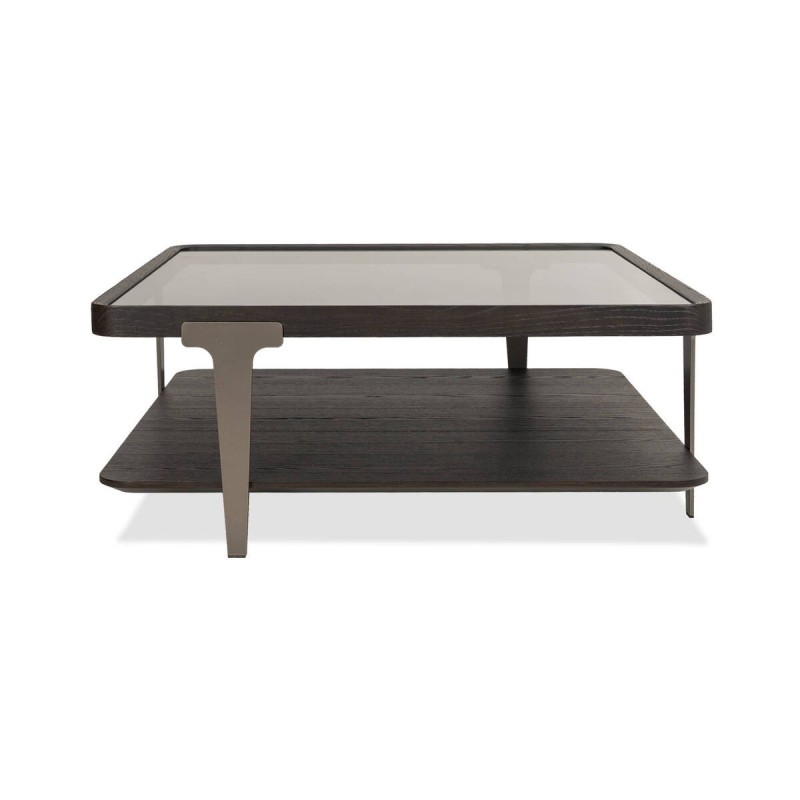 MESA DE CENTRO BRUMA NEGRA CON TAPA DE CRISTAL AHUMADO Y ESTANTE EN CHAPA DE FRESNO