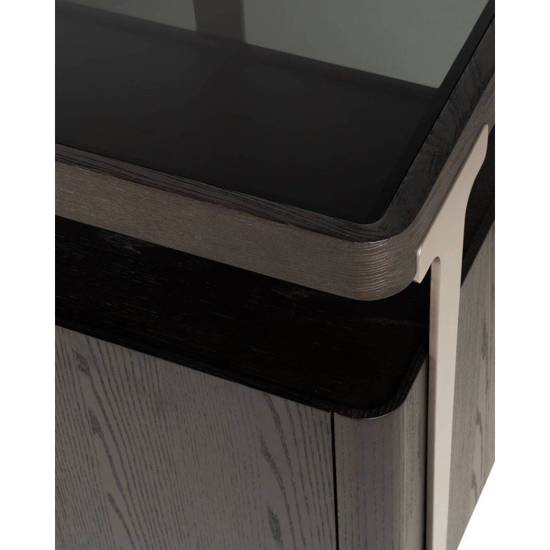 APARADOR BRUMA CON TAPA DE CRISTAL AHUMADO Y ESTRUCTURA EN CHAPA DE FRESNO NEGRO