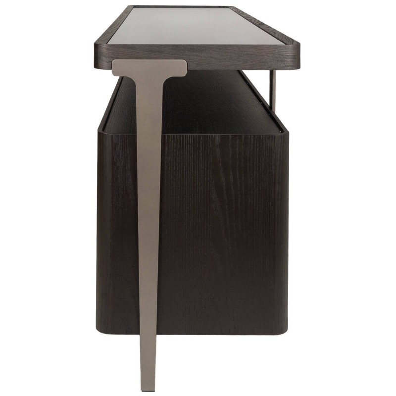 APARADOR BRUMA CON TAPA DE CRISTAL AHUMADO Y ESTRUCTURA EN CHAPA DE FRESNO NEGRO