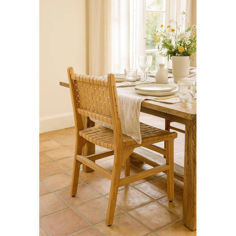 Silla kora en madera maciza de acacia y asiento de cuero entrelazado 46x48x86 cm