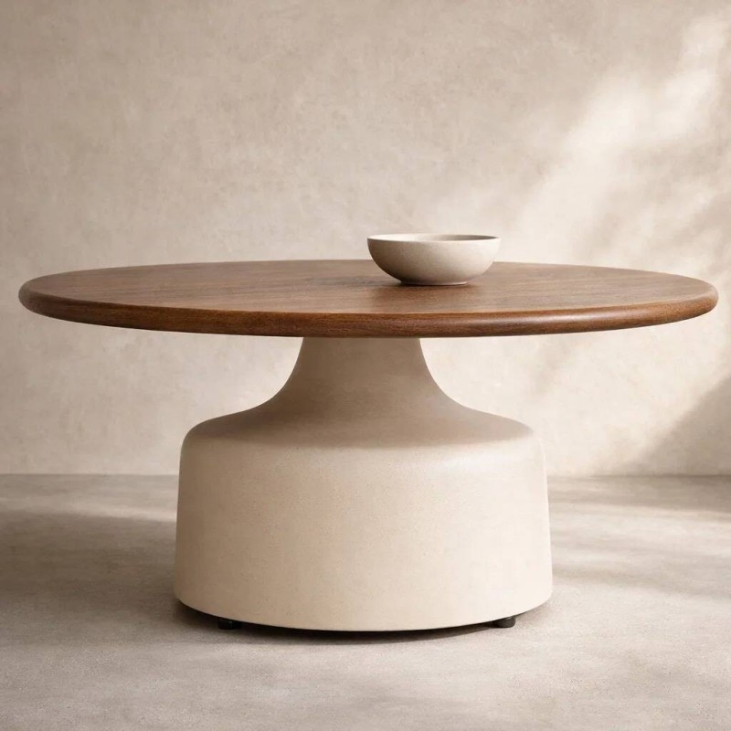 Mesa de centro Aina de cemento y madera de mango Ø 80cm