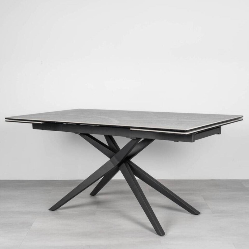 Mesa Titan extensible cerámica gris piedra con apertura lateral y patas cruzadas 160/240cm