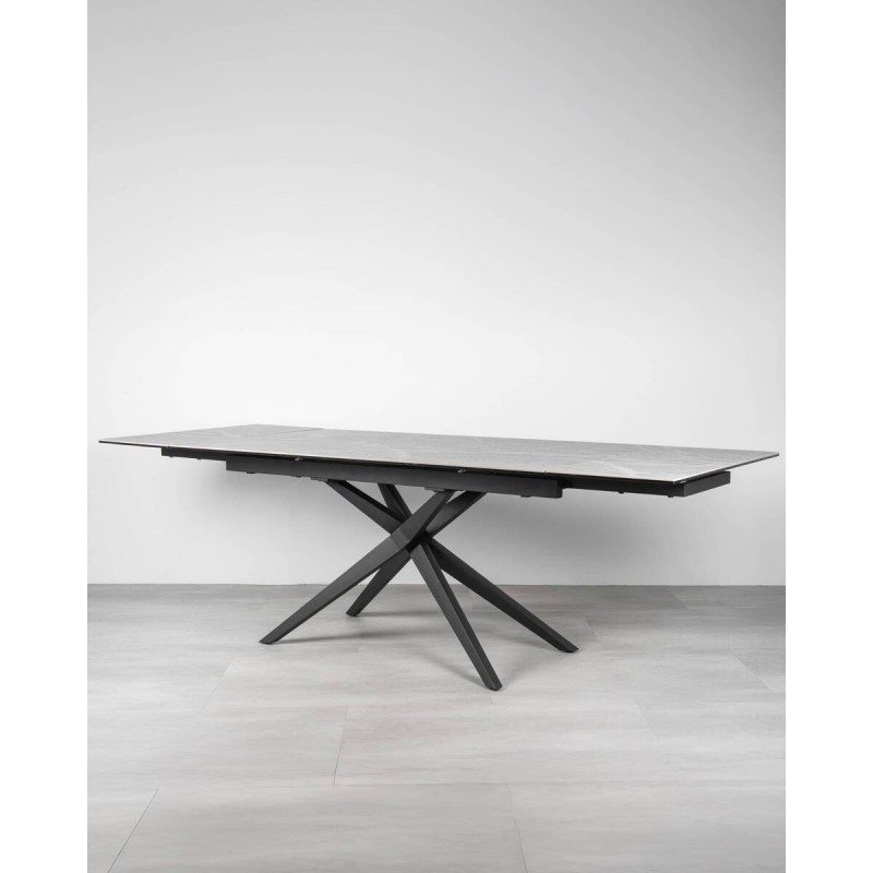Mesa Titan extensible cerámica gris piedra con apertura lateral y patas cruzadas 160/240cm