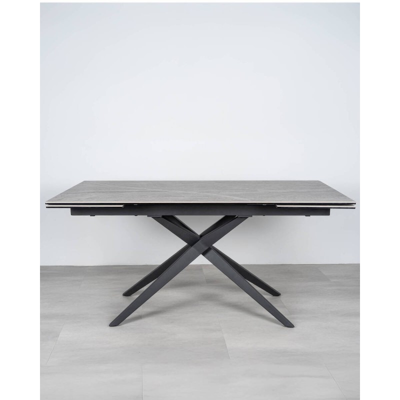 Mesa Titan extensible cerámica gris piedra con apertura lateral y patas cruzadas 160/240cm