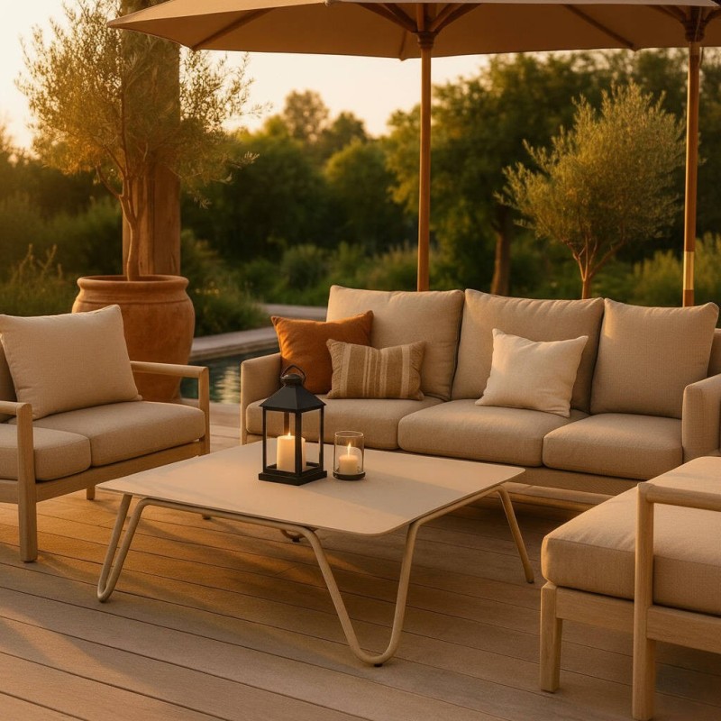 Mesa baja exterior Riva Square en aluminio beige