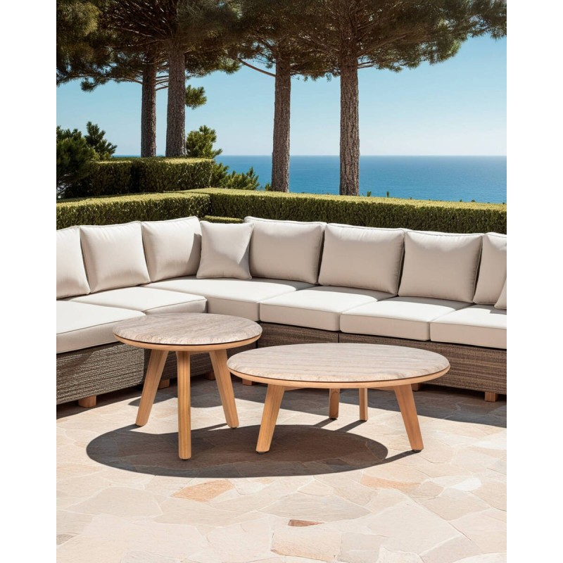 Mesa auxiliar Lotus travertino y teca 50 cm exterior + funda