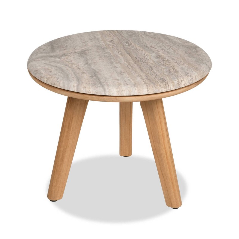 Mesa auxiliar Lotus travertino y teca 50 cm exterior + funda