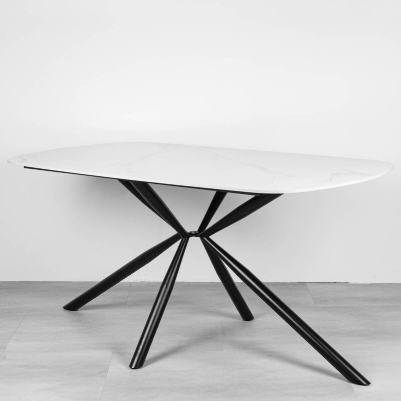 Mesa Varek comedor rectangular cerámica blanca patas negras 160x90 cm