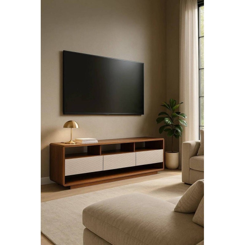 Mueble TV Lua acabado nogal con 3 cajones y frente marfil 187x40x56cm