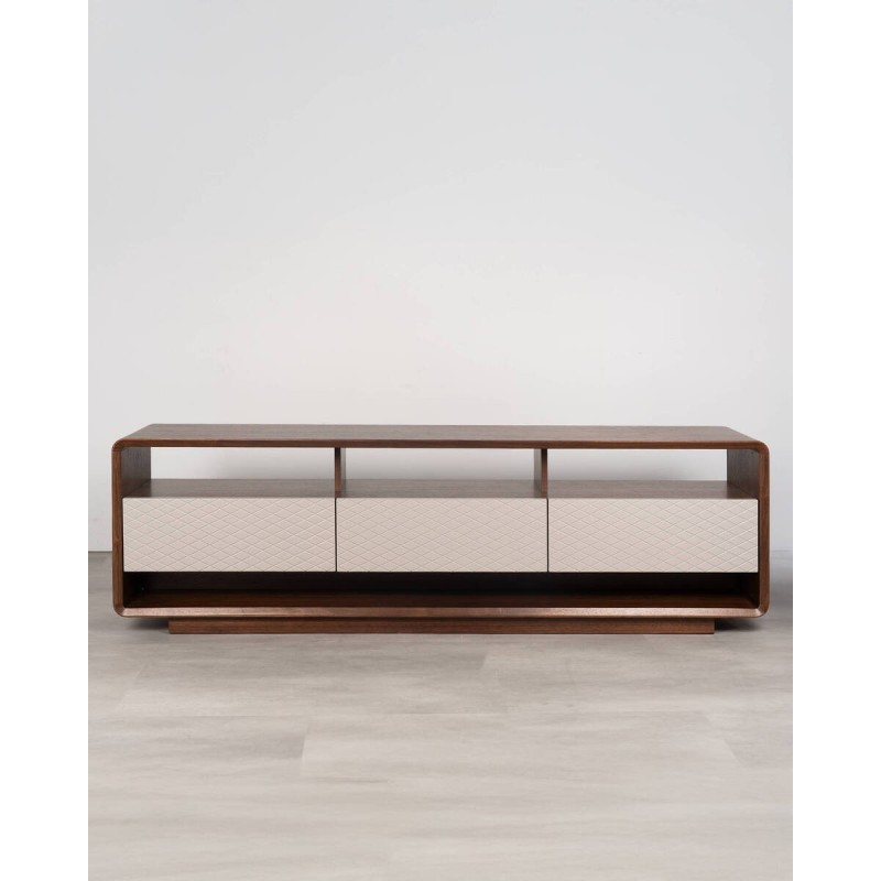 Mueble TV Lua acabado nogal con 3 cajones y frente marfil 187x40x56cm