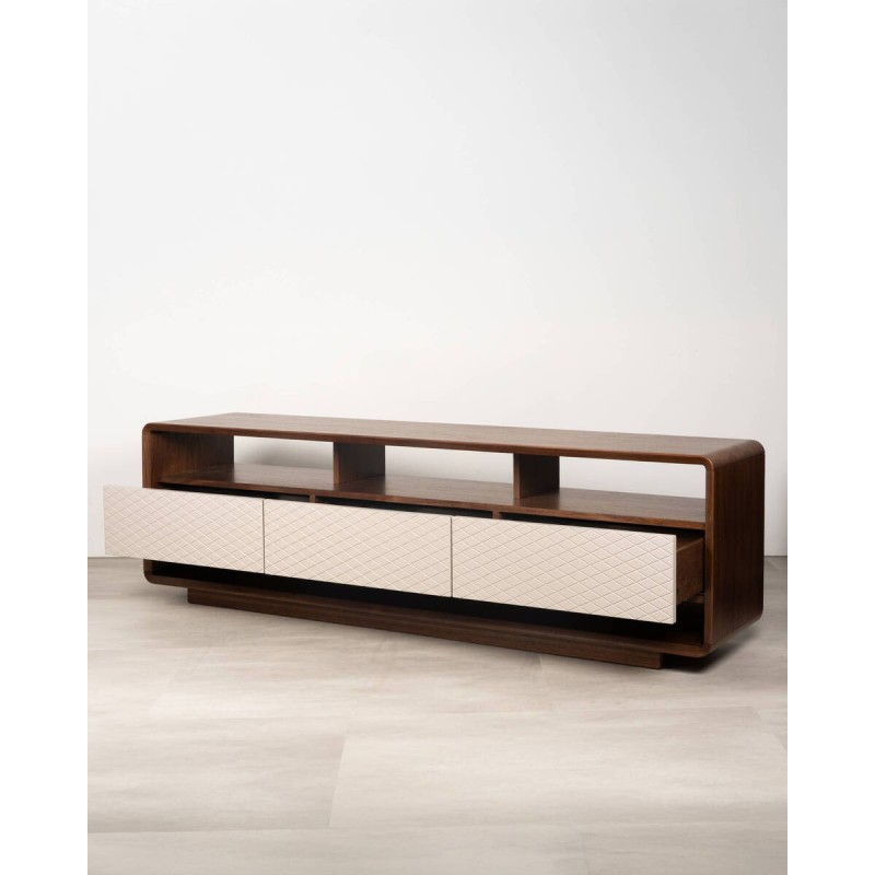 Mueble TV Lua acabado nogal con 3 cajones y frente marfil 187x40x56cm