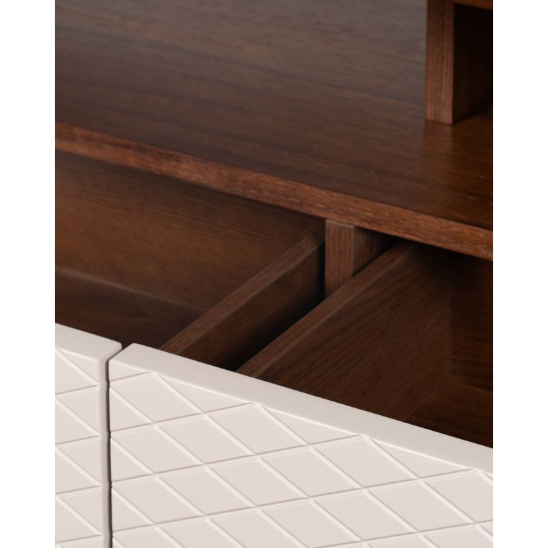 Mueble TV Lua acabado nogal con 3 cajones y frente marfil 187x40x56cm