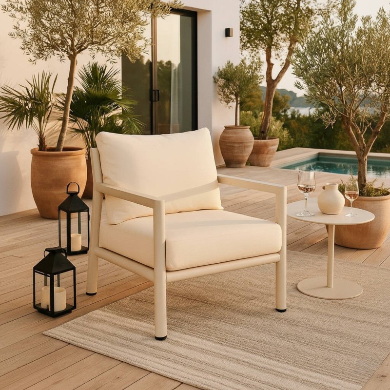 Sillón individual Perla aluminio con cojines beige 75 × 86 cm exterior