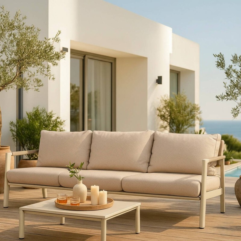 Sofá Flora de aluminio 3 plazas con cojines beige