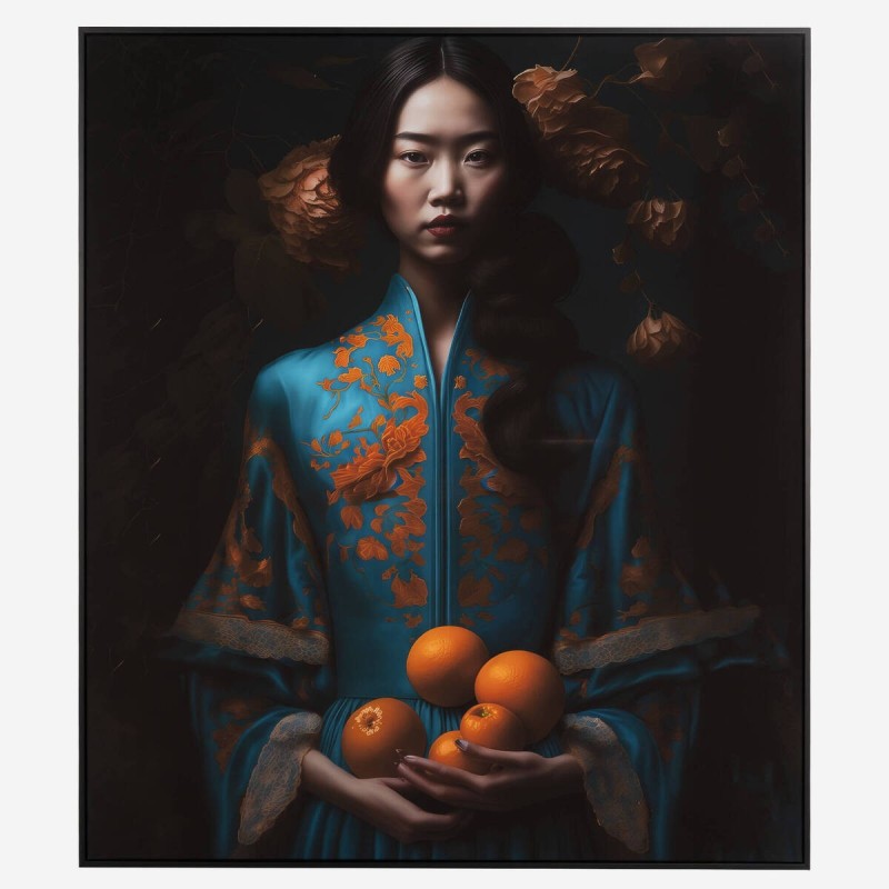 Lienzo Mujer Oriental con Naranjas 120x140 cm Marco Negro