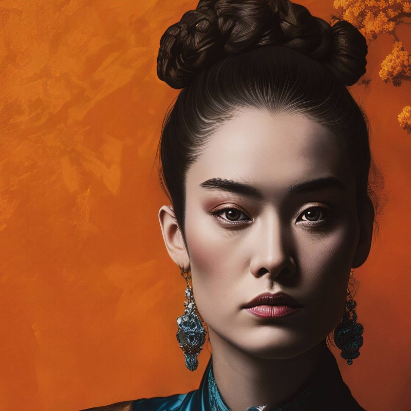 Lienzo Mujer Oriental con Halo Naranja 120x140 cm Marco Negro