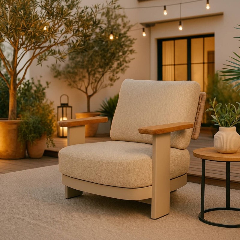 Sofá Block 1 plaza tono arena con respaldo de cuerda trenzada exterior