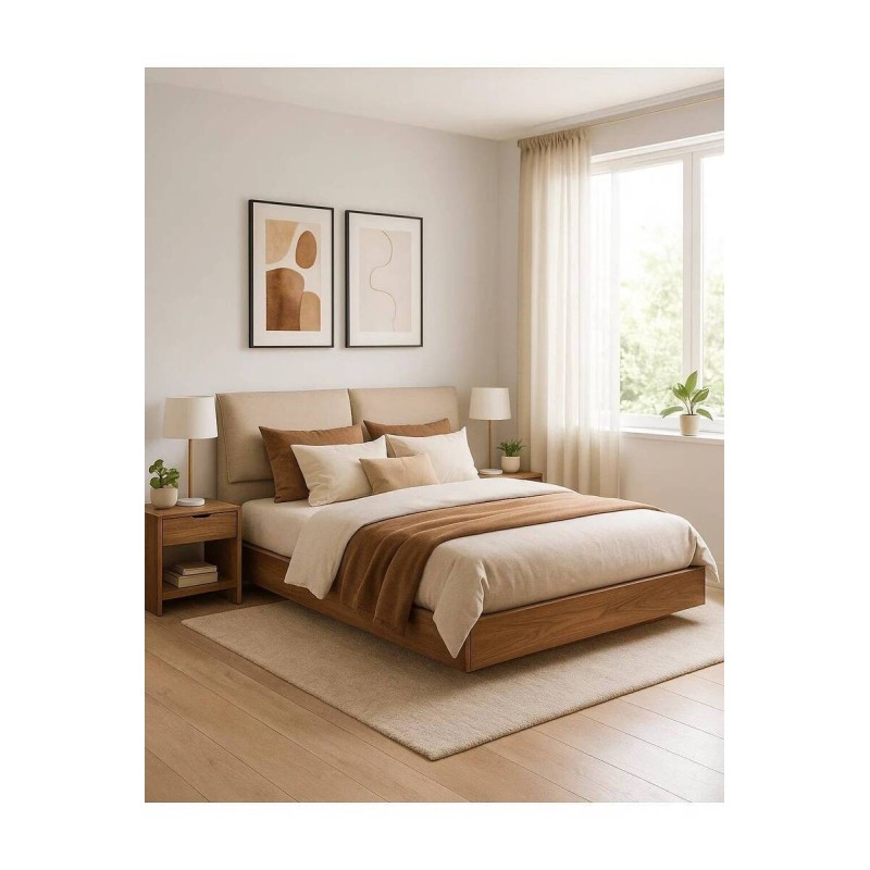 Cama de matrimonio Walnut con cabecero tapizado