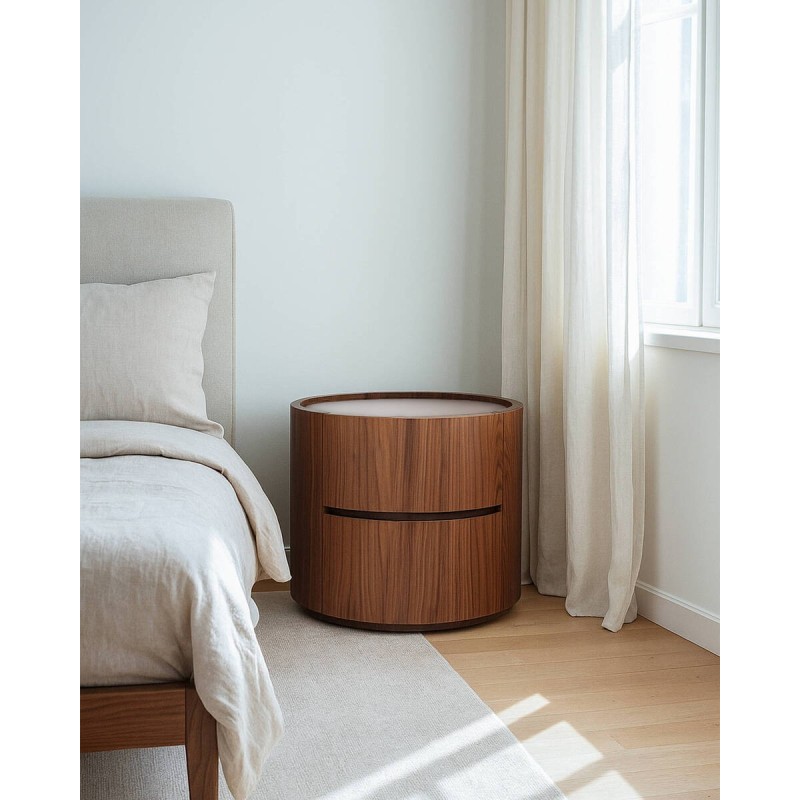 Mesita de noche Avorio en nogal con sobre marfil diseño elegante