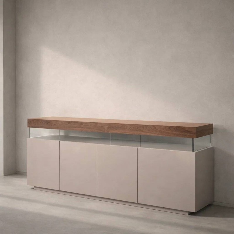 Aparador Leda con tapa flotante de nogal y estructura en marfil mate