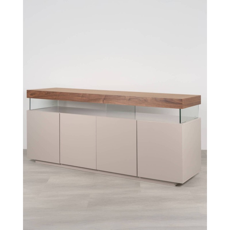 Aparador Leda con tapa flotante de nogal y estructura en marfil mate