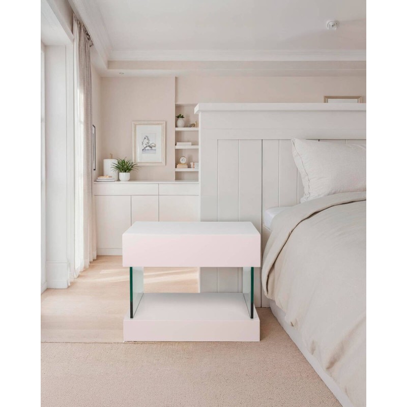 Mesita de noche Glass Avorio marfil mate con cristal templado