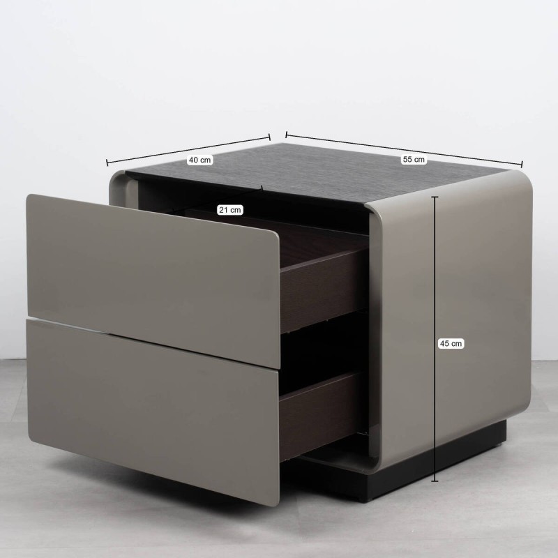 Mesita de noche CYL con dos cajones en acabado gris y tapa negra