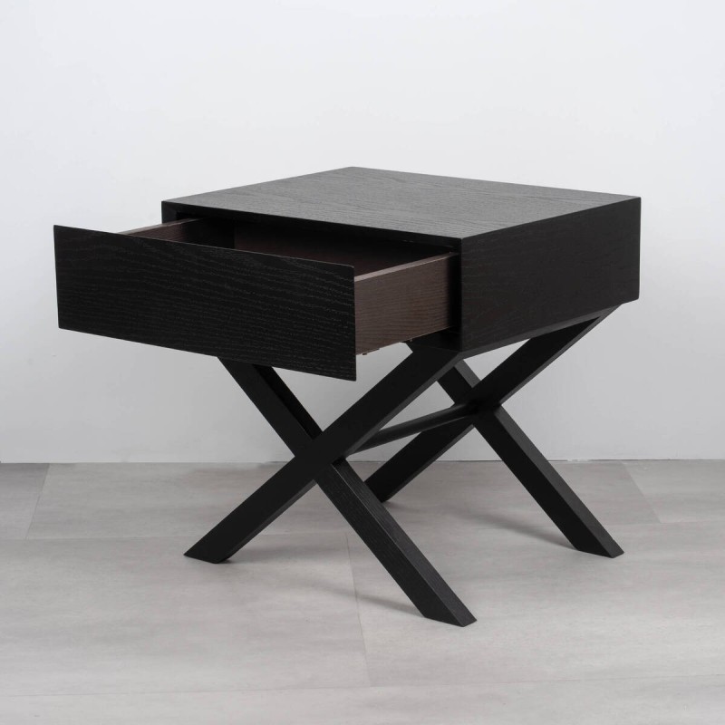 Mesita de noche Elba negra con un cajón y estructura cruzada