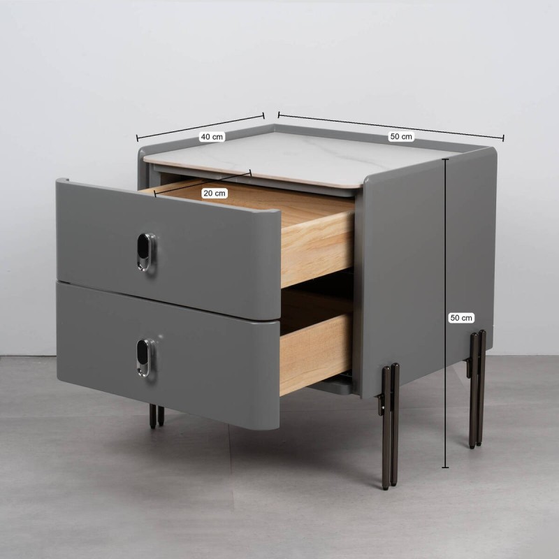 Mesita de noche Stone gris con dos cajones y tapa efecto pizarra