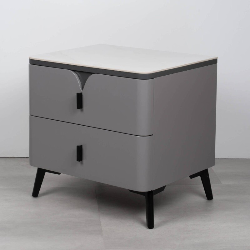 Mesita de noche Atlas gris con dos cajones y tapa efecto pizarra