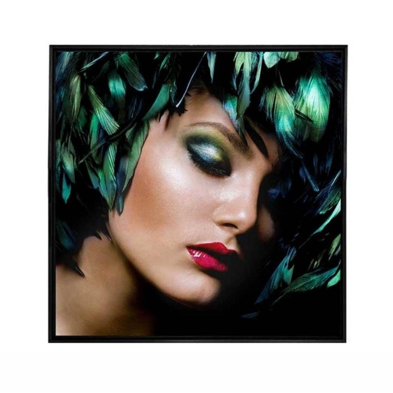 Cuadro mujer tocado plumas verdes 82,5 x 82,5cm