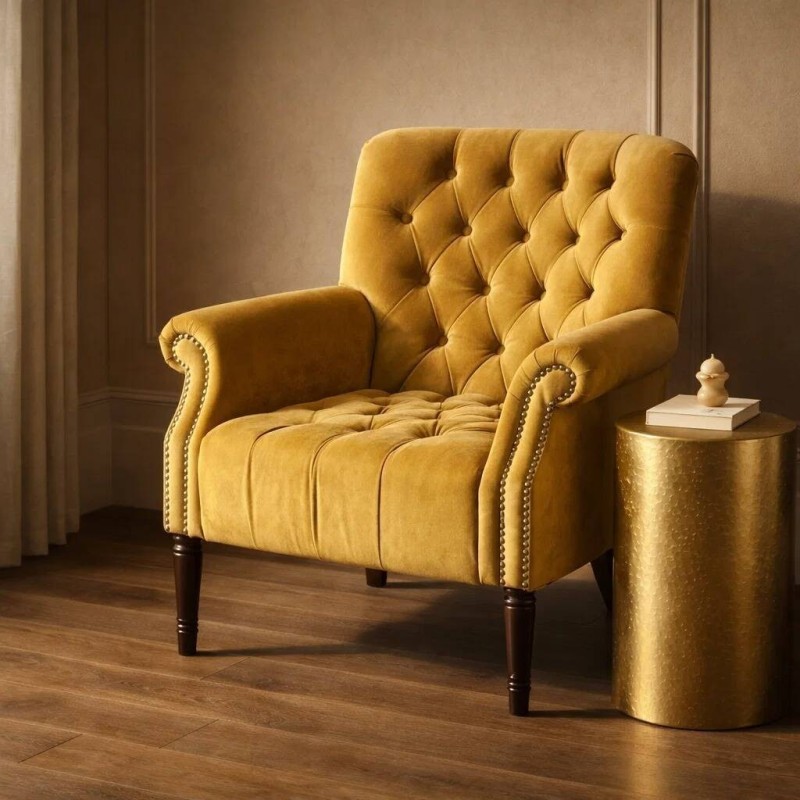 Sillón de terciopelo mostaza con capitoné 83x86x95cm